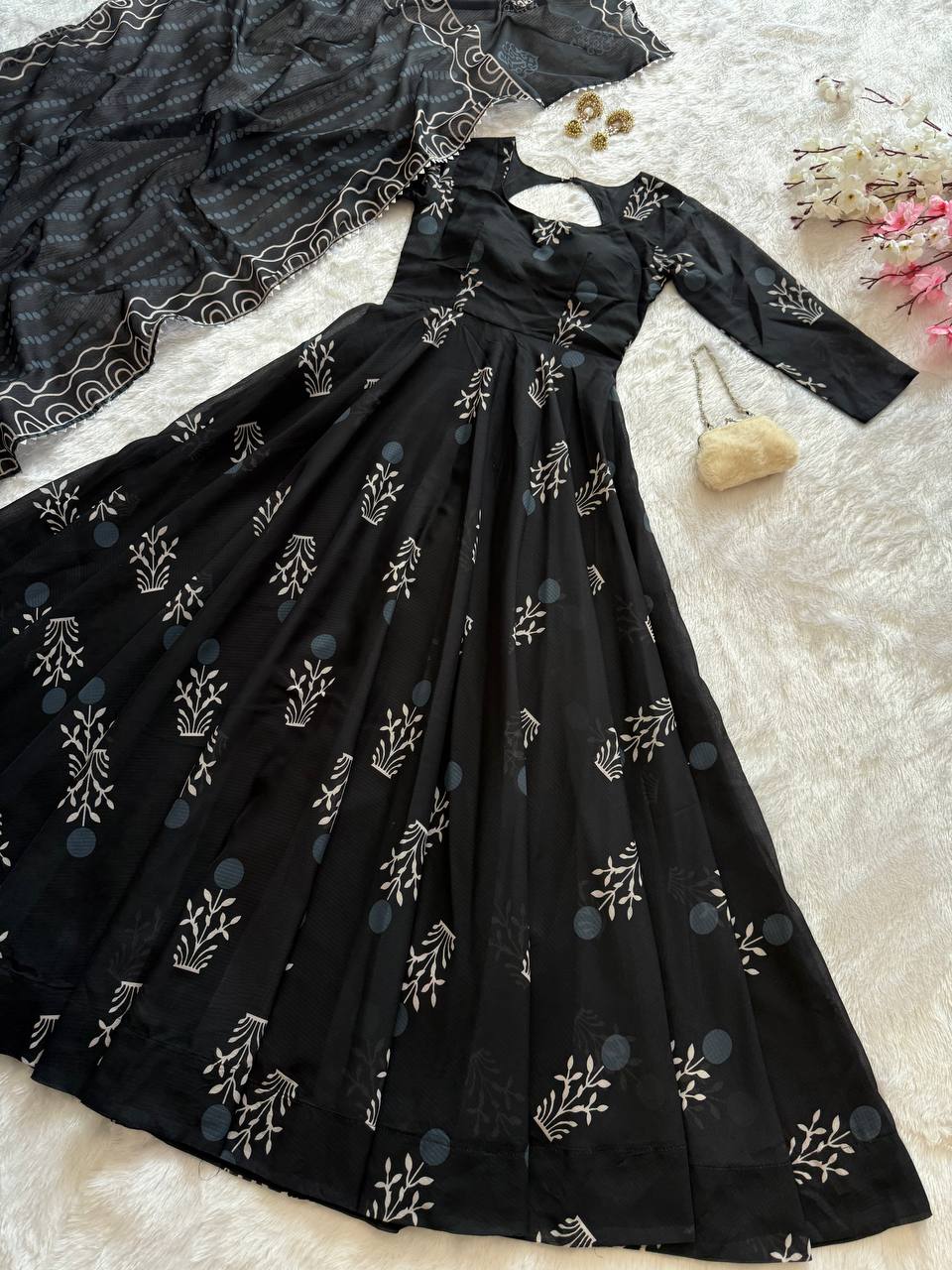 Black Elegant Digital Printed Cotton Anarkali Gown with Dupatta – Full-Length, Ready to Wear