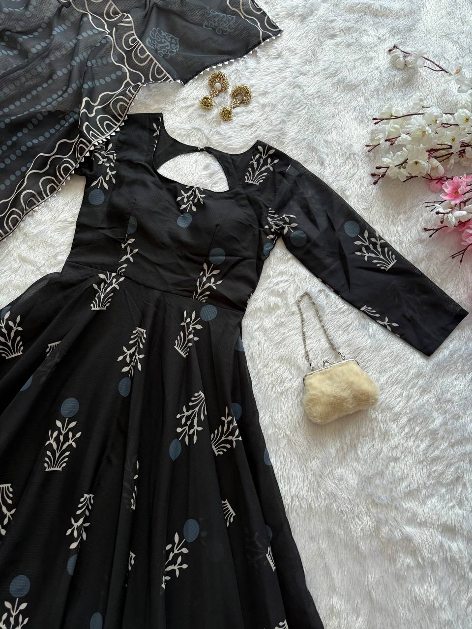 Black Elegant Digital Printed Cotton Anarkali Gown with Dupatta – Full-Length, Ready to Wear