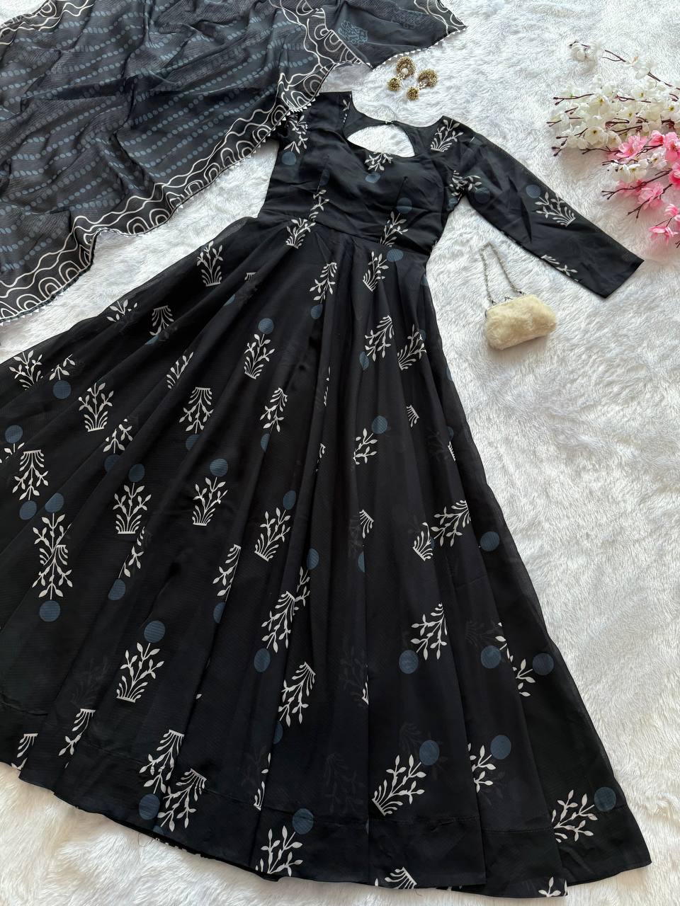 Black Elegant Digital Printed Cotton Anarkali Gown with Dupatta – Full-Length, Ready to Wear