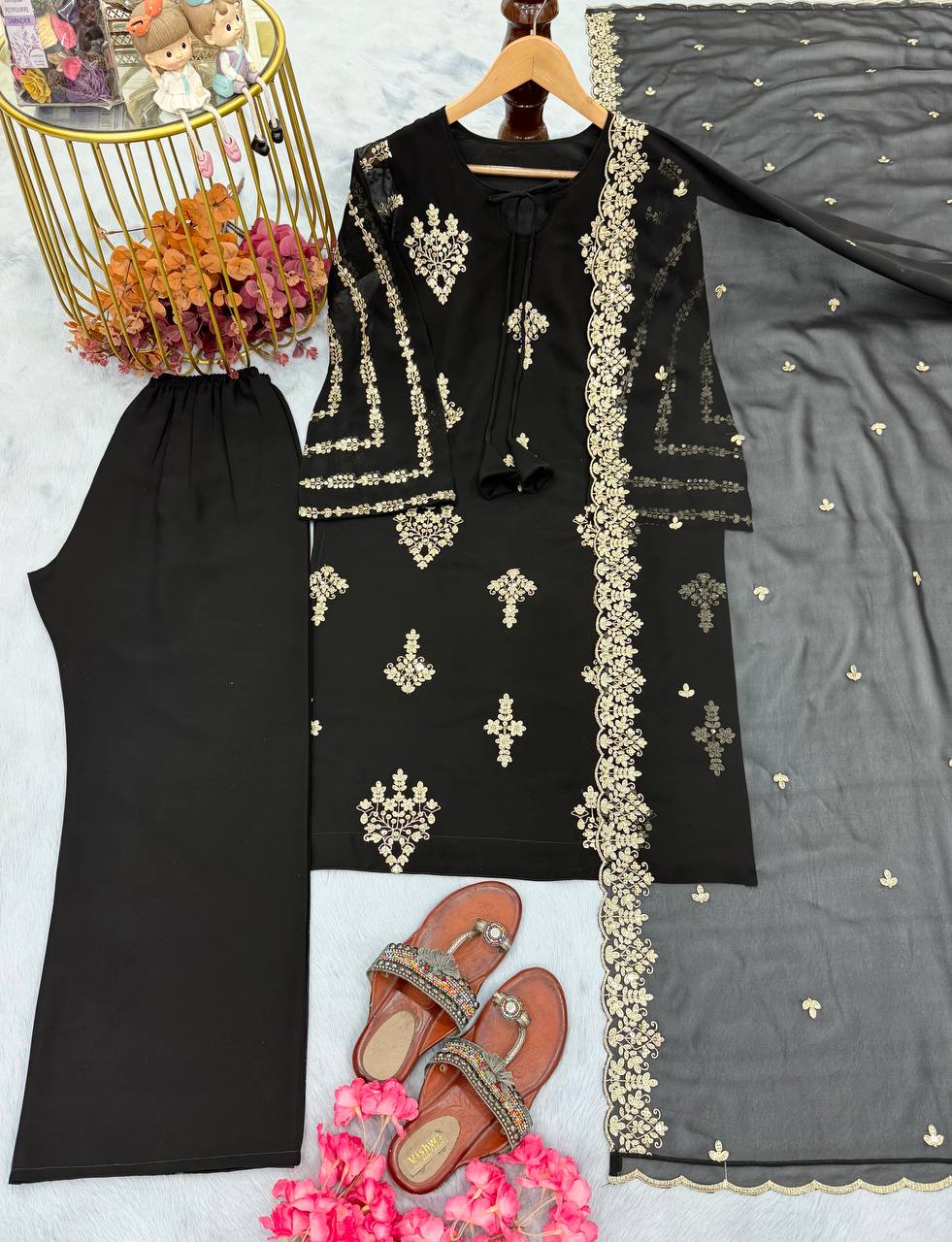 Black Elegant Embroidered Faux Georgette Top, Plazzo & Dupatta Set