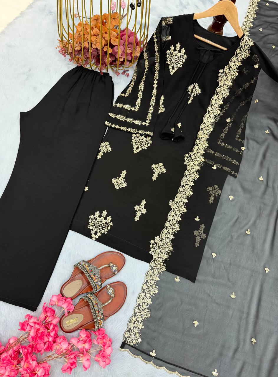 Black Elegant Embroidered Faux Georgette Top, Plazzo & Dupatta Set