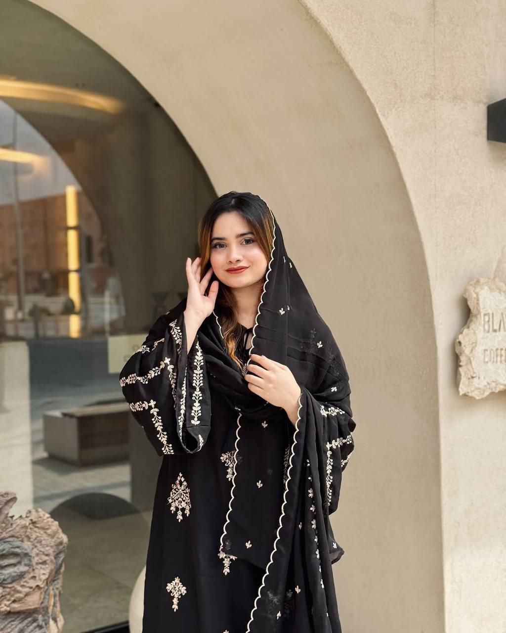 Black Elegant Embroidered Faux Georgette Top, Plazzo & Dupatta Set