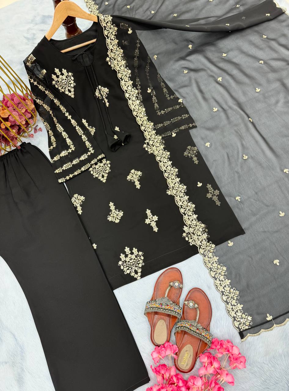 Black Elegant Embroidered Faux Georgette Top, Plazzo & Dupatta Set