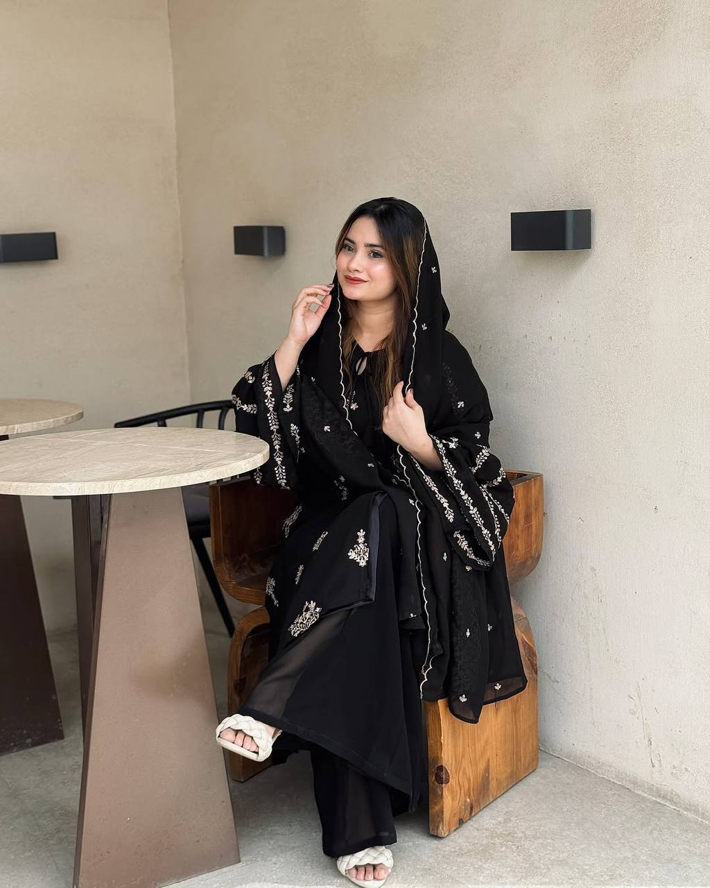 Black Elegant Embroidered Faux Georgette Top, Plazzo & Dupatta Set