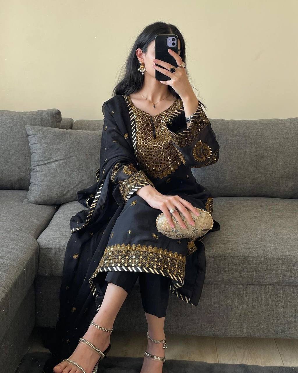 Black Elegant Embroidered Georgette Suit Set