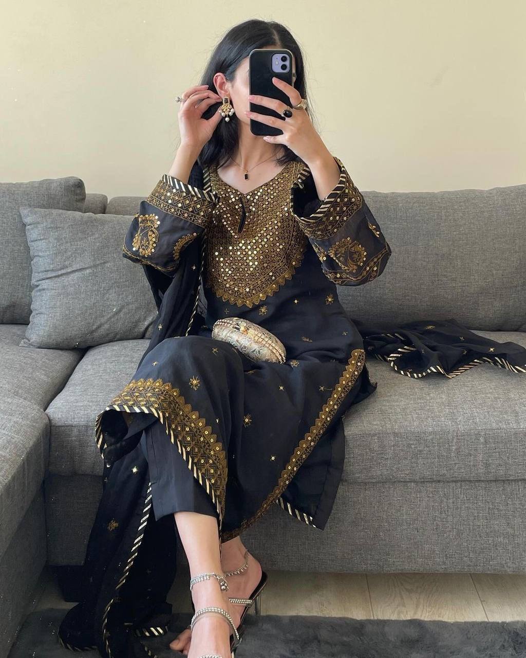 Black Elegant Embroidered Georgette Suit Set