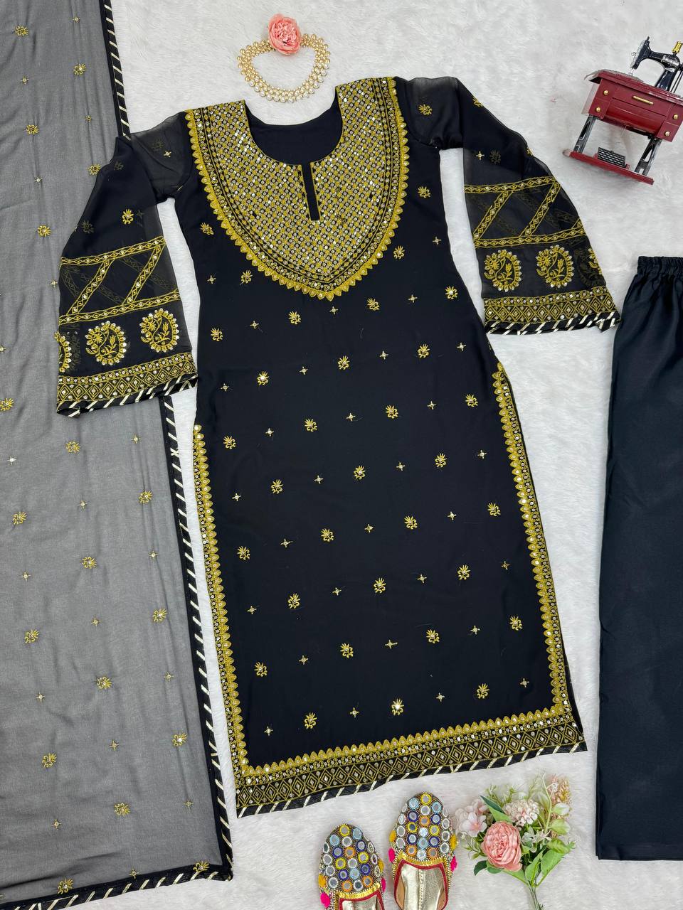 Black Elegant Embroidered Georgette Suit Set
