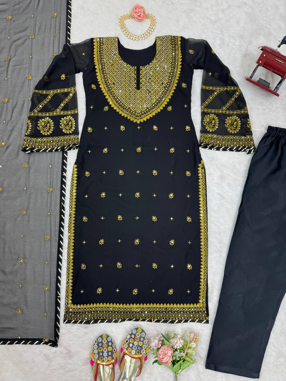 Black Elegant Embroidered Georgette Suit Set
