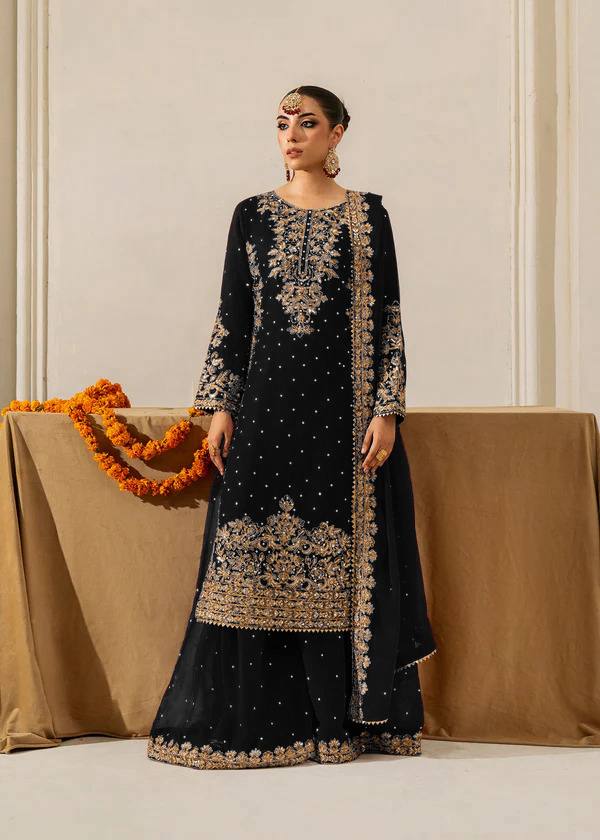 Black Elegant Faux Georgette Coding & Sequence Work Palazzo Set with Rivet Moti Detailing and Dupatta