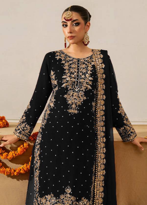 Black Elegant Faux Georgette Coding & Sequence Work Palazzo Set with Rivet Moti Detailing and Dupatta