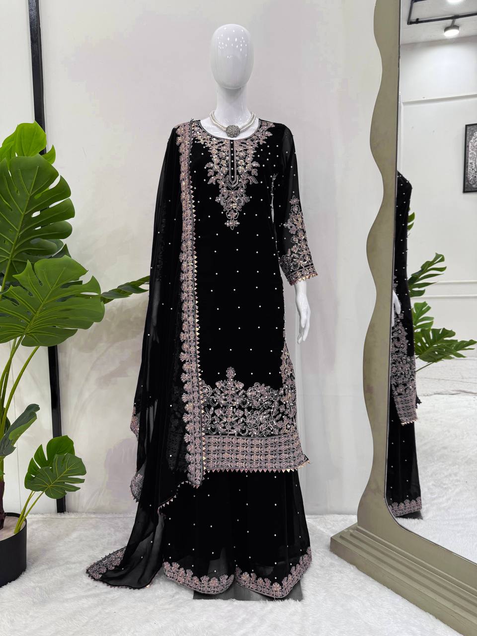Black Elegant Faux Georgette Coding & Sequence Work Palazzo Set with Rivet Moti Detailing and Dupatta