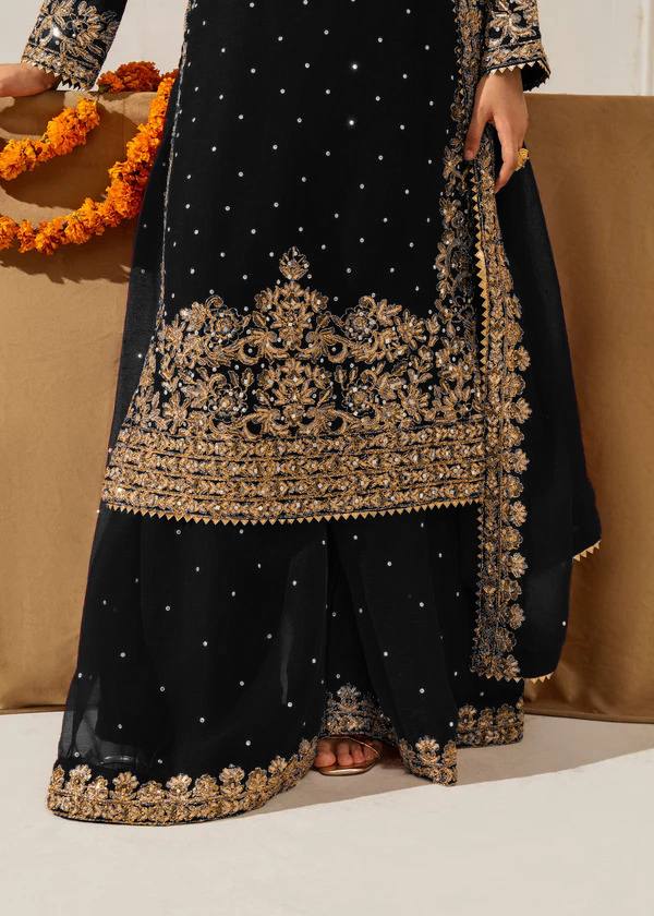 Black Elegant Faux Georgette Coding & Sequence Work Palazzo Set with Rivet Moti Detailing and Dupatta