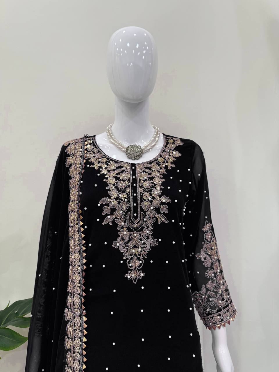 Black Elegant Faux Georgette Coding & Sequence Work Palazzo Set with Rivet Moti Detailing and Dupatta