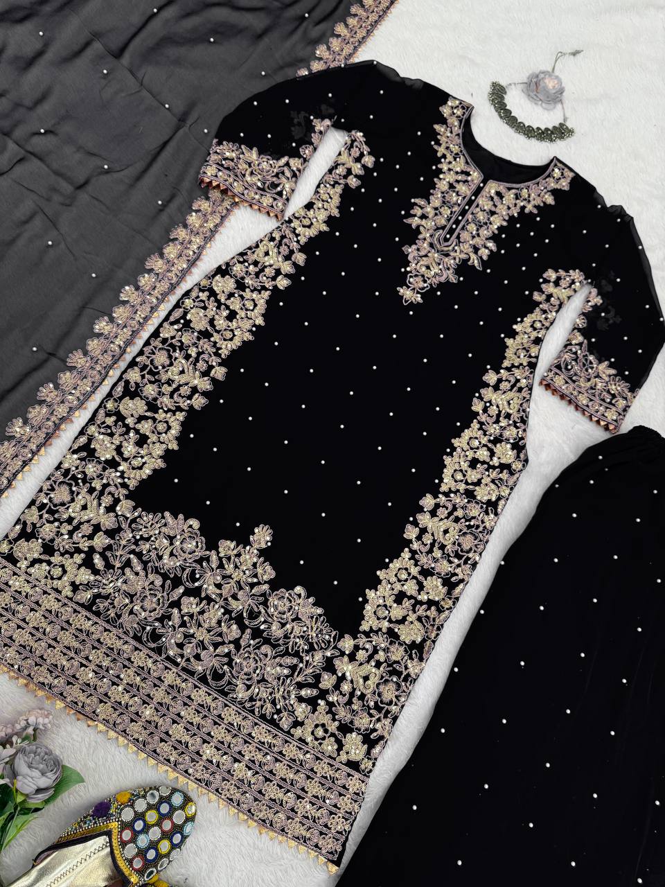 Black Elegant Faux Georgette Coding & Sequence Work Palazzo Set with Rivet Moti Detailing and Dupatta