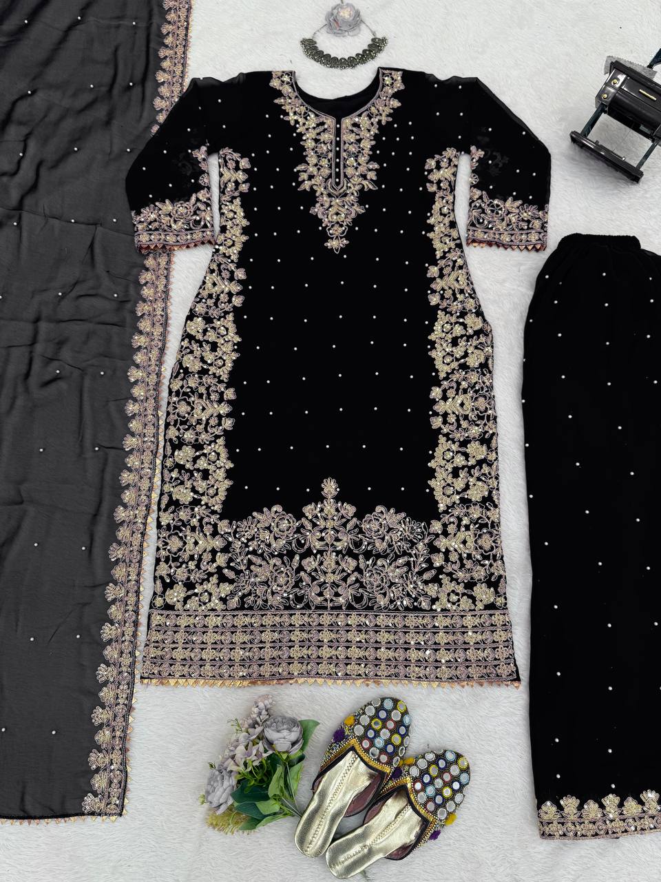 Black Elegant Faux Georgette Coding & Sequence Work Palazzo Set with Rivet Moti Detailing and Dupatta