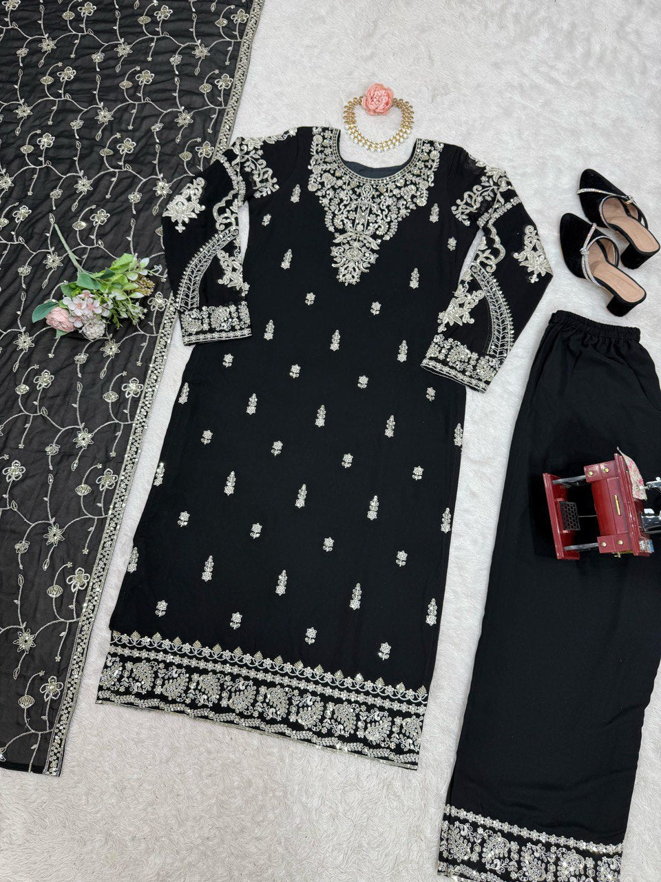 Black Elegant Faux Georgette Embroidered 3-Piece Suit Set with Lace Border Dupatta