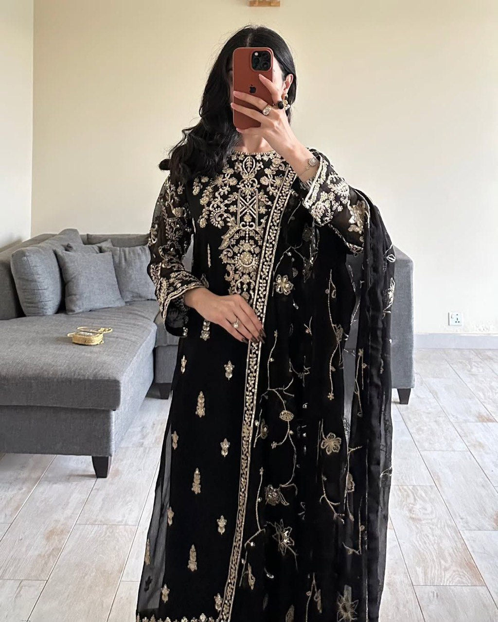 Black Elegant Faux Georgette Embroidered 3-Piece Suit Set with Lace Border Dupatta