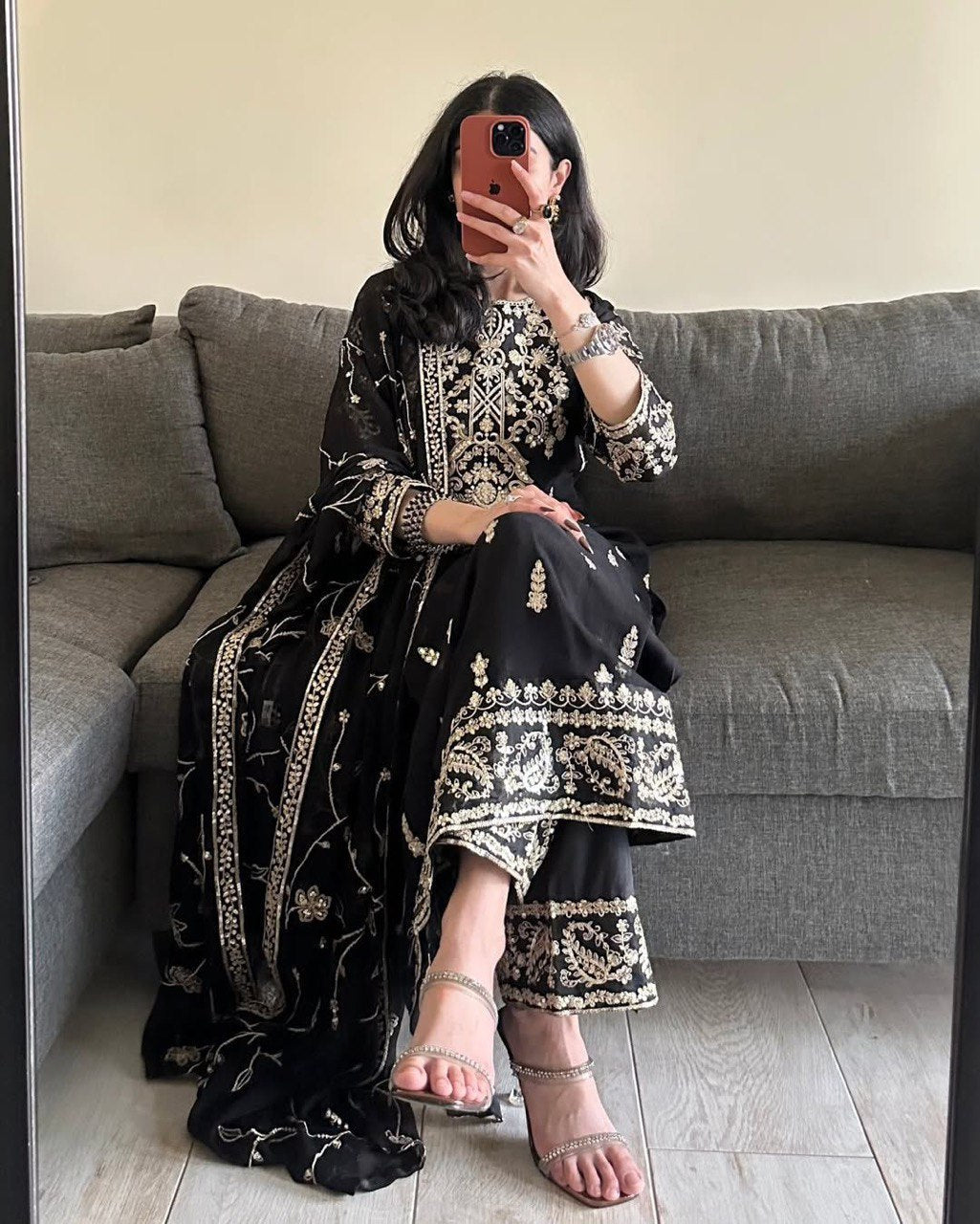 Black Elegant Faux Georgette Embroidered 3-Piece Suit Set with Lace Border Dupatta