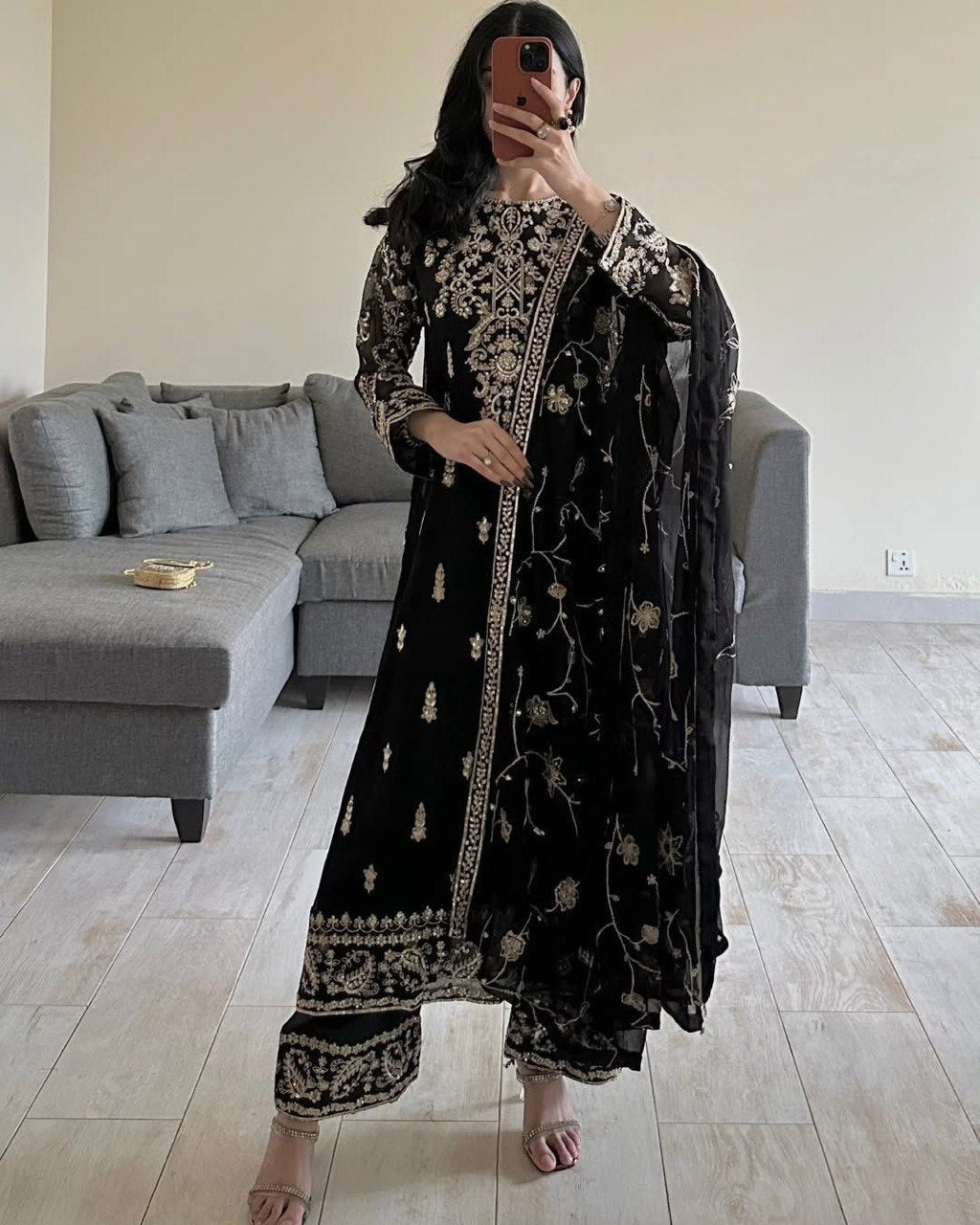 Black Elegant Faux Georgette Embroidered 3-Piece Suit Set with Lace Border Dupatta