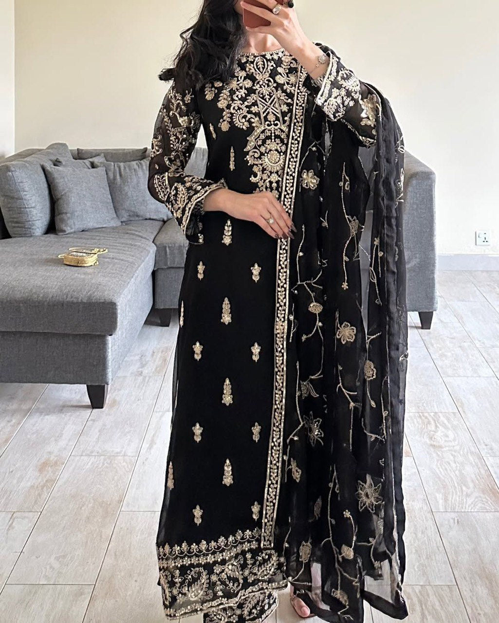 Black Elegant Faux Georgette Embroidered 3-Piece Suit Set with Lace Border Dupatta