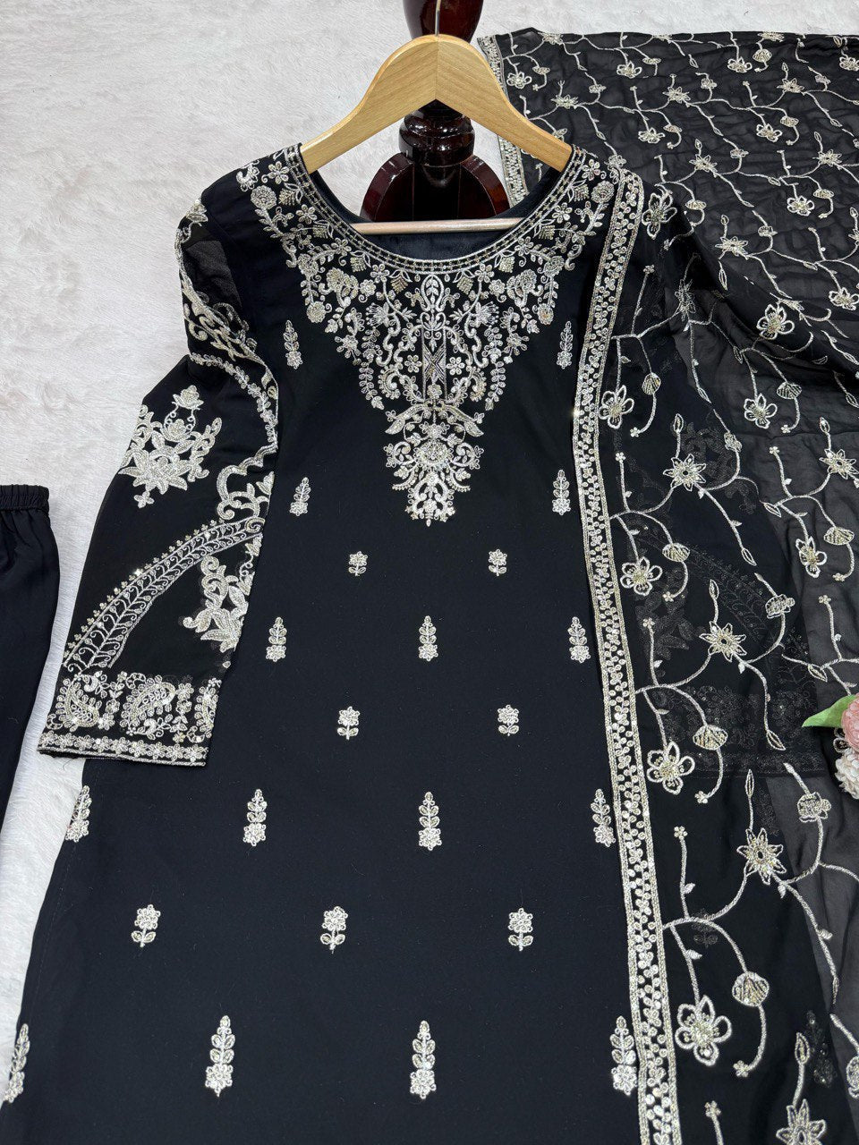 Black Elegant Faux Georgette Embroidered 3-Piece Suit Set with Lace Border Dupatta