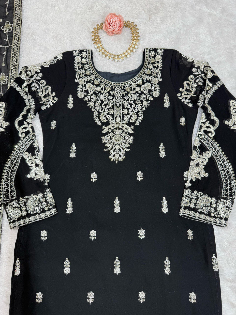 Black Elegant Faux Georgette Embroidered 3-Piece Suit Set with Lace Border Dupatta