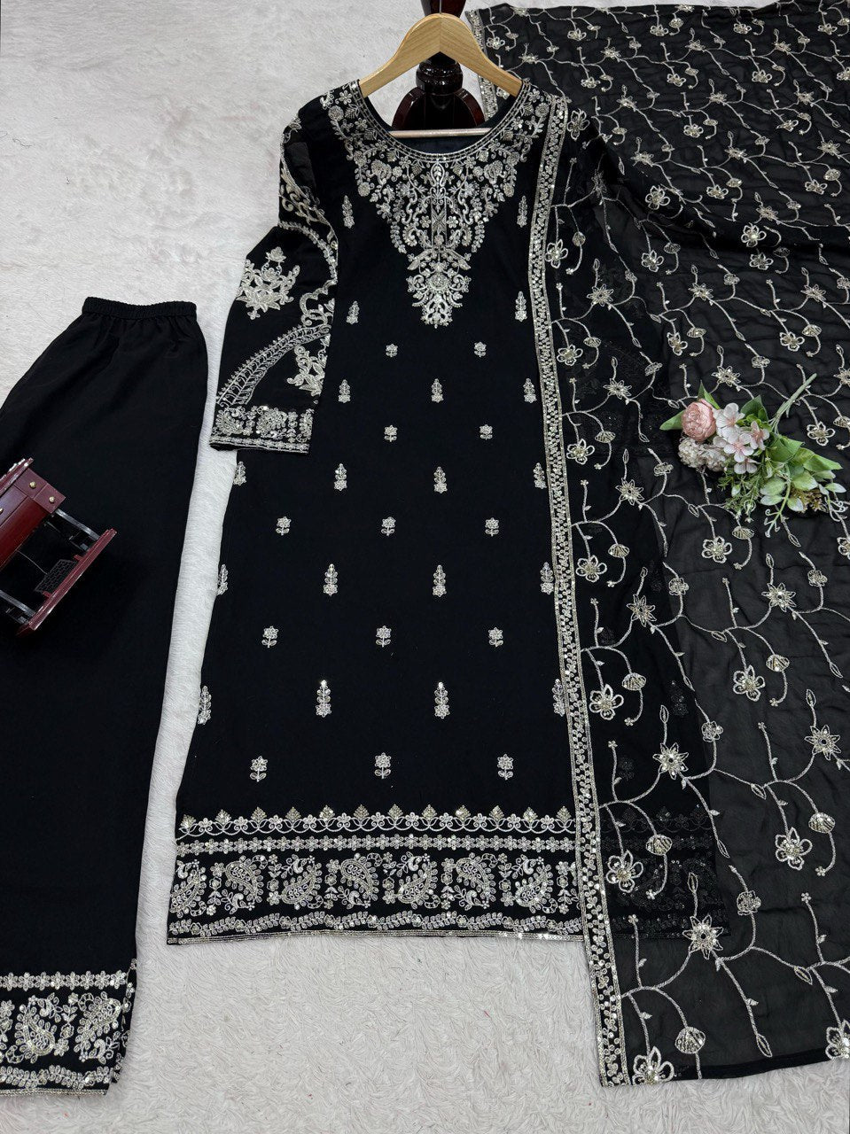 Black Elegant Faux Georgette Embroidered 3-Piece Suit Set with Lace Border Dupatta