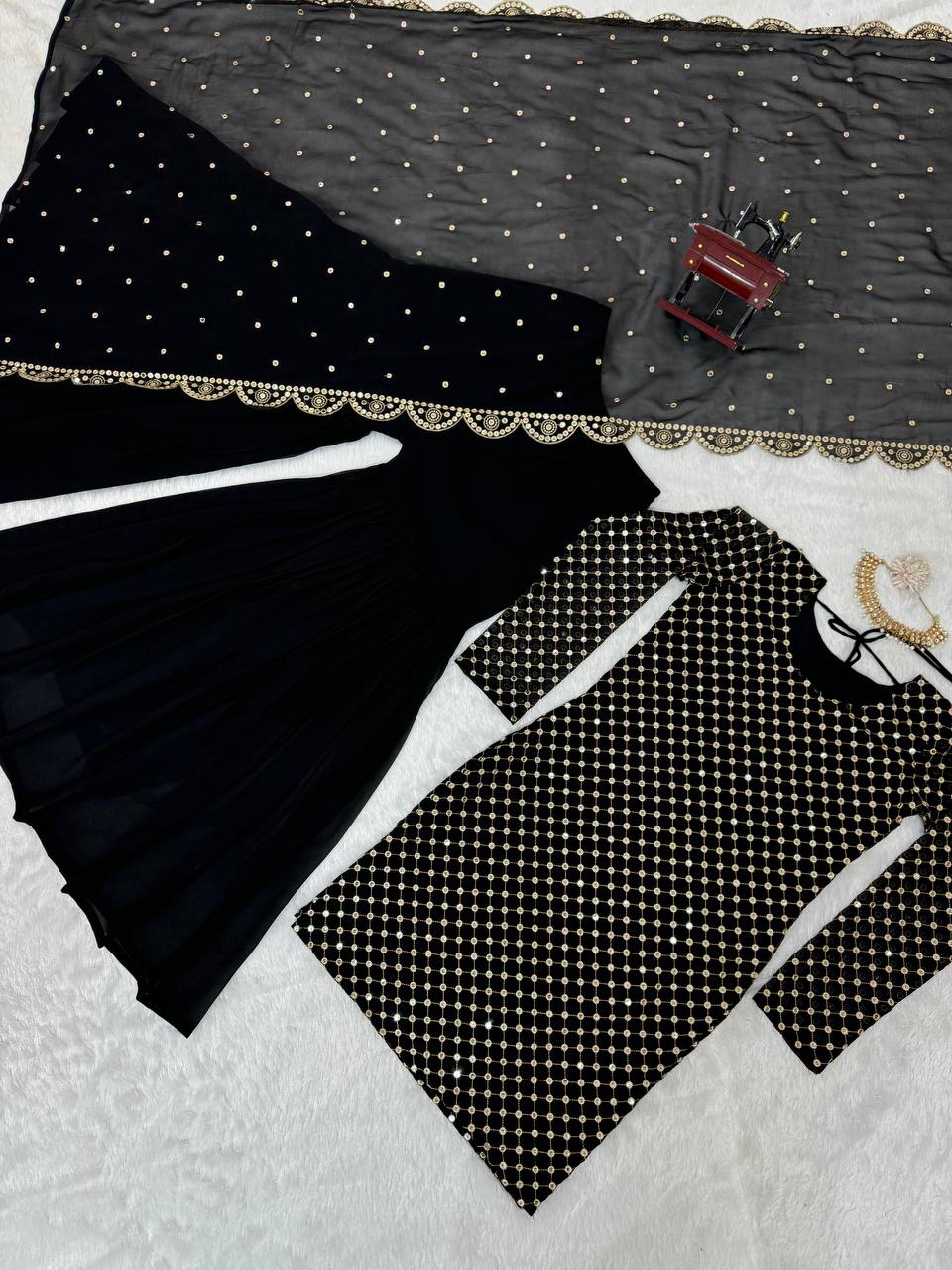 Black Elegant Faux Georgette Embroidered Sharara Set