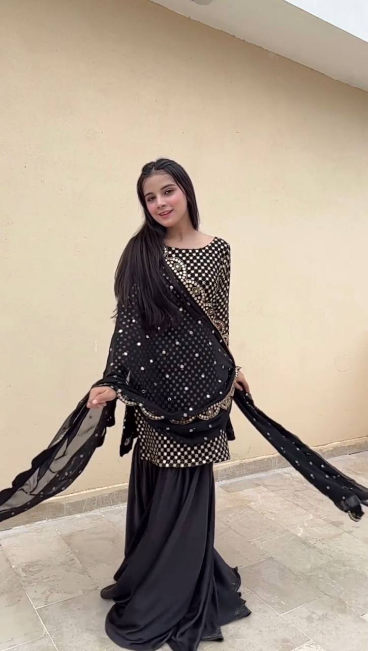 Black Elegant Faux Georgette Embroidered Sharara Set