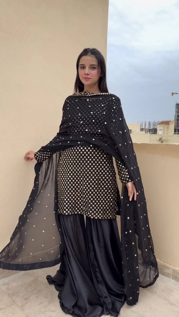 Black Elegant Faux Georgette Embroidered Sharara Set