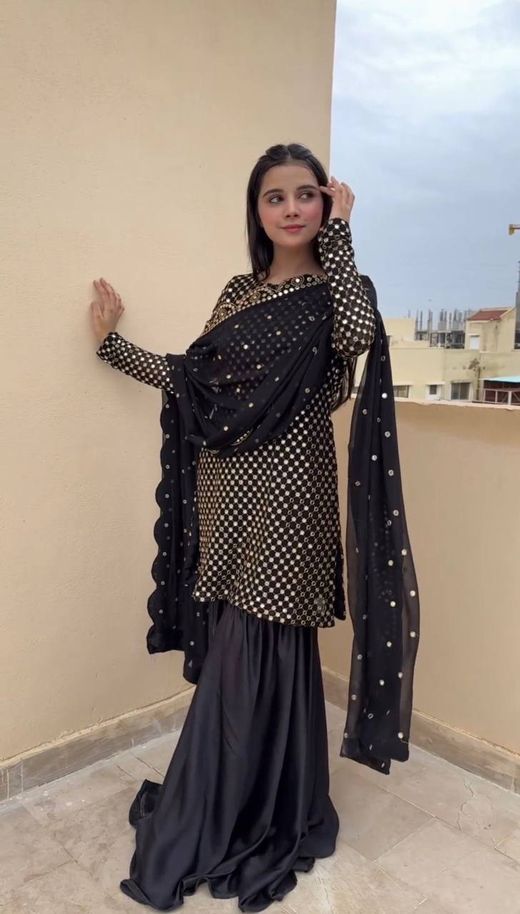 Black Elegant Faux Georgette Embroidered Sharara Set
