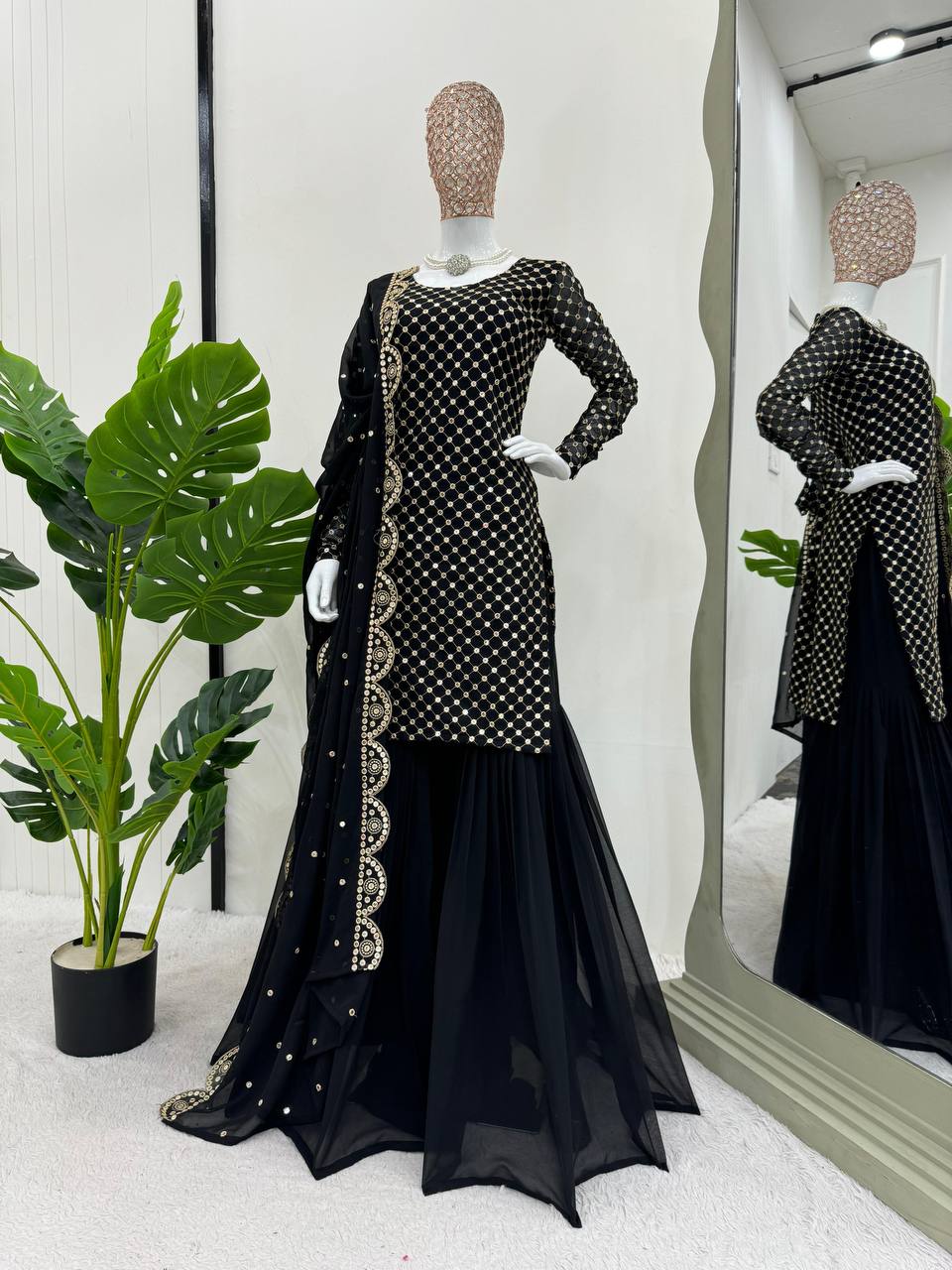Black Elegant Faux Georgette Embroidered Sharara Set
