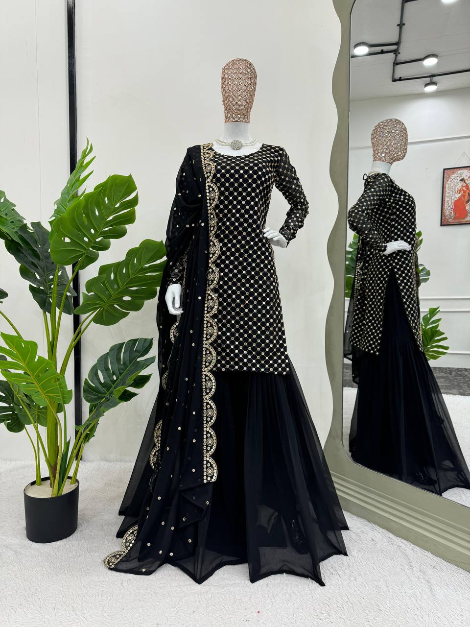 Black Elegant Faux Georgette Embroidered Sharara Set