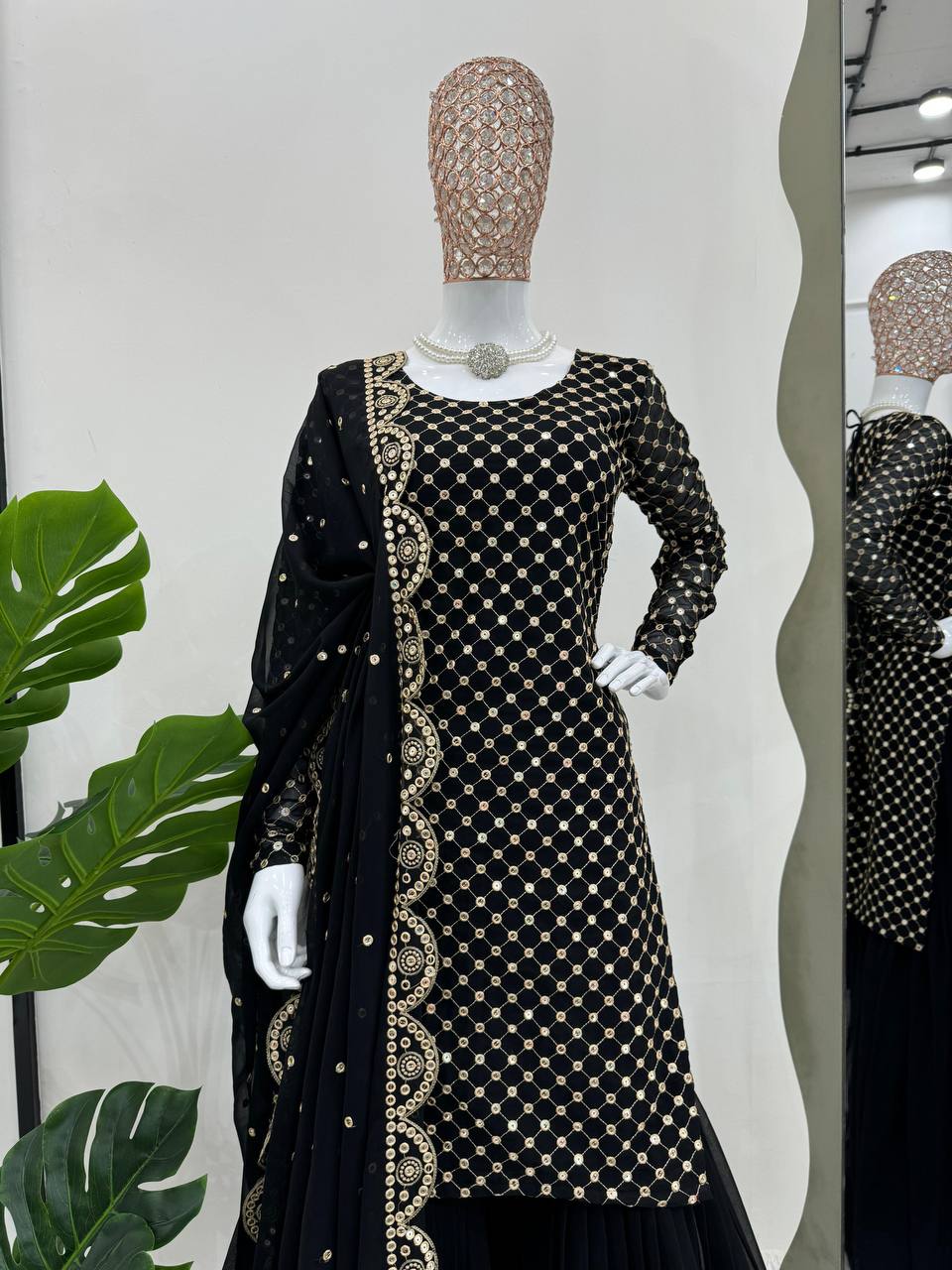 Black Elegant Faux Georgette Embroidered Sharara Set