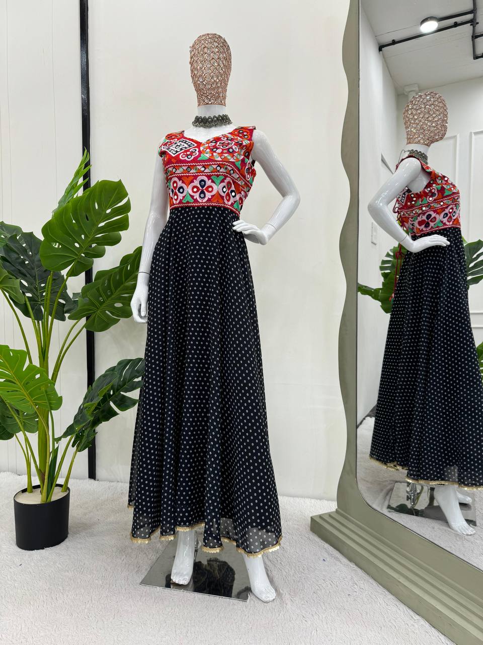 Black Elegant Faux Georgette Gown– A Fusion of Tradition & Style