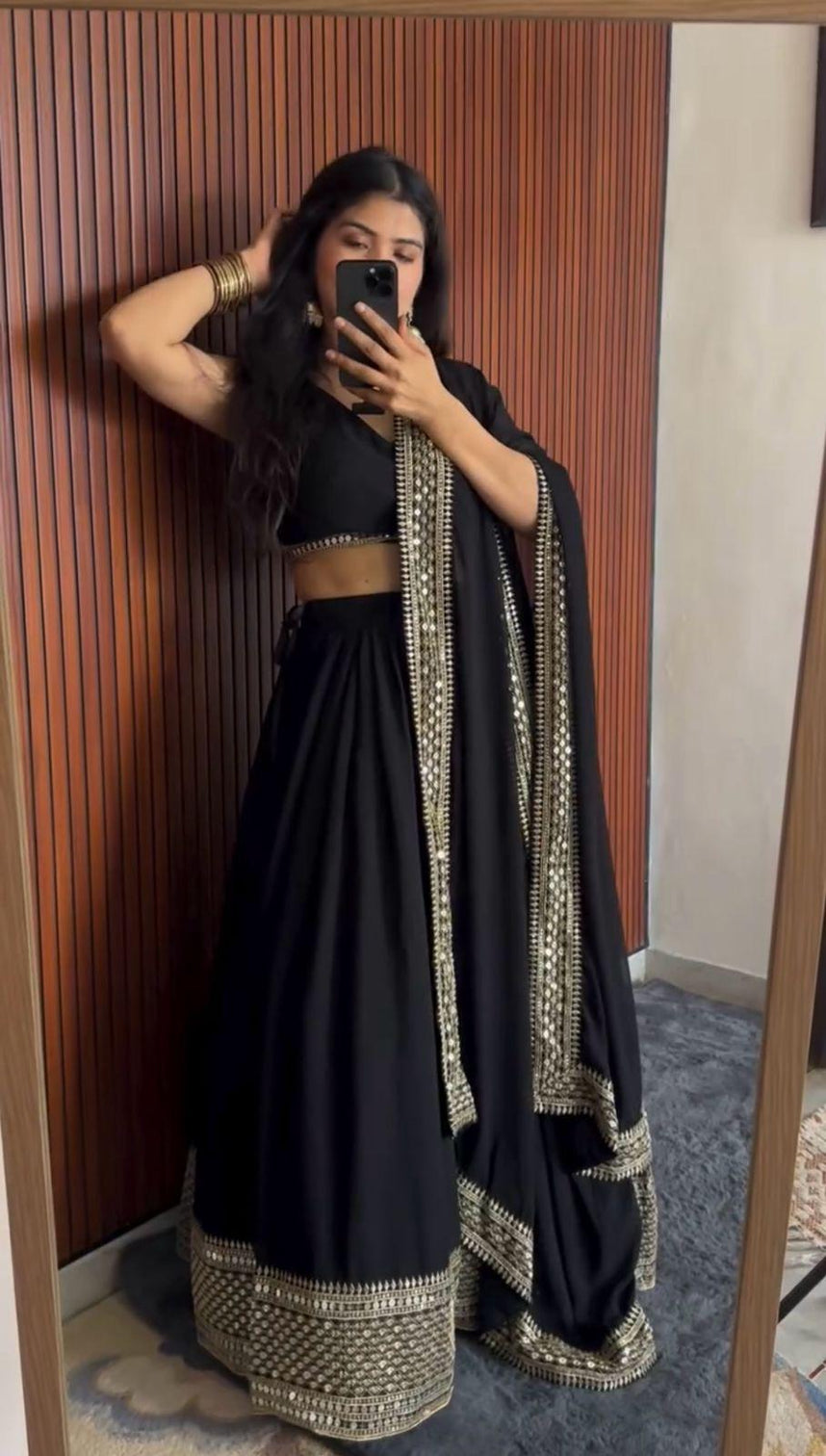 Black Elegant Faux Georgette Lehenga Choli Set with Sequins & Lace Dupatta