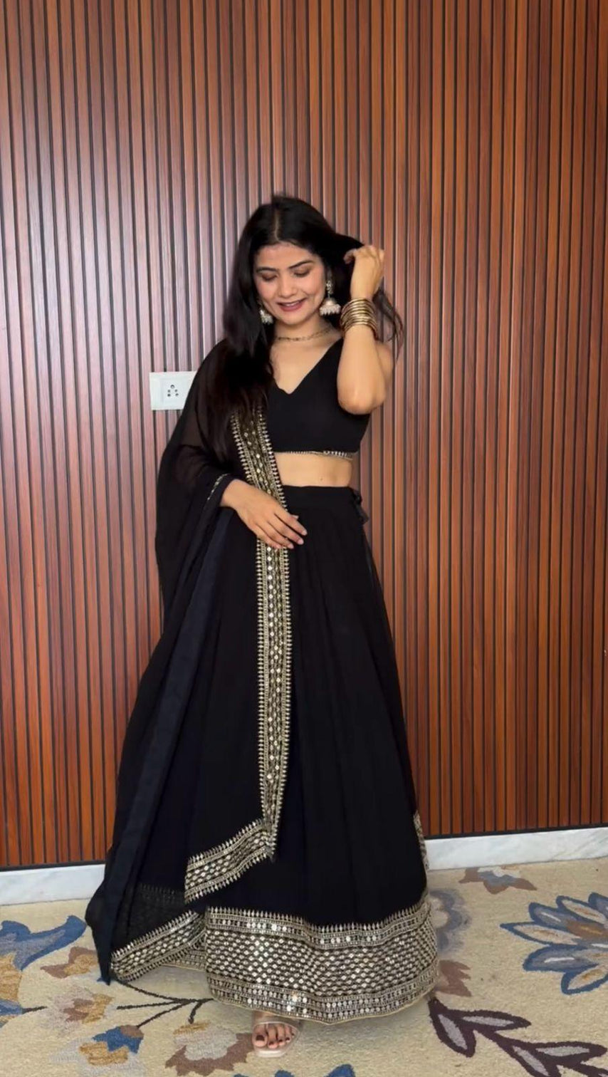 Black Elegant Faux Georgette Lehenga Choli Set with Sequins & Lace Dupatta