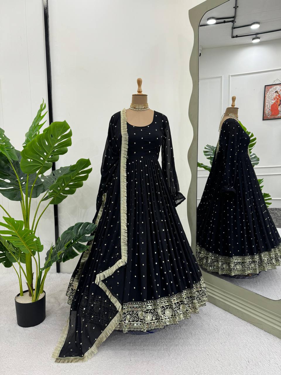 Black Elegant Faux Georgette Long Gown Set with Dupatta
