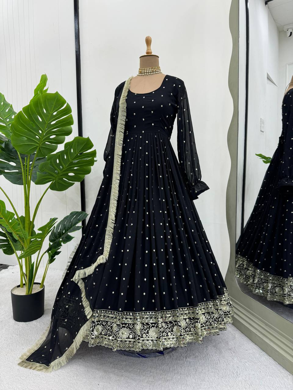 Black Elegant Faux Georgette Long Gown Set with Dupatta