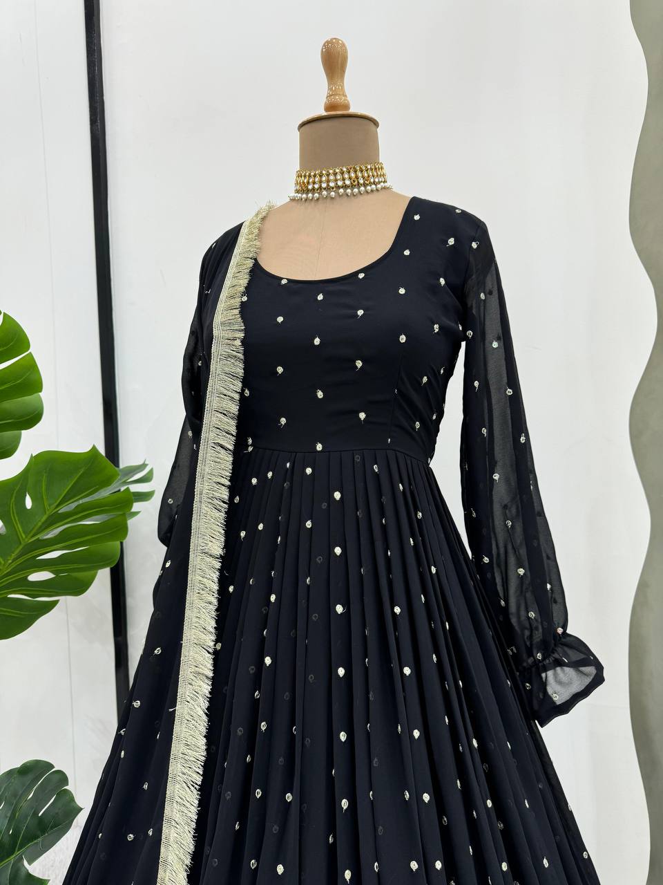 Black Elegant Faux Georgette Long Gown Set with Dupatta