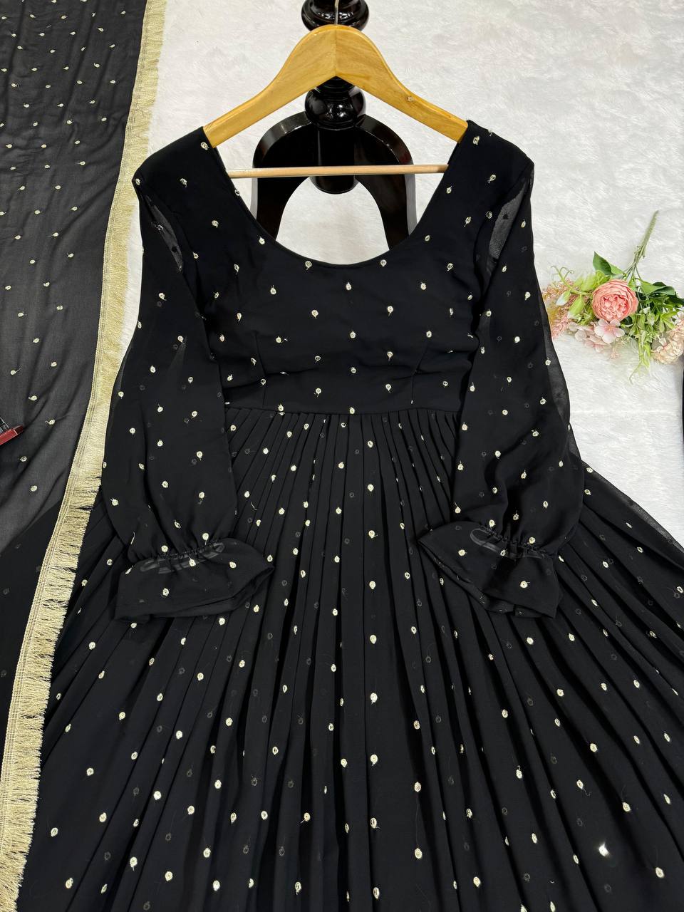 Black Elegant Faux Georgette Long Gown Set with Dupatta
