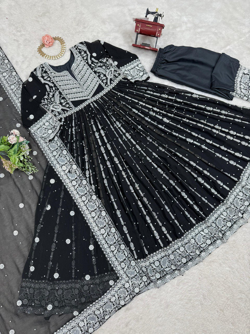 Black Elegant Faux Georgette Thread & Sequin Embellished Suit Set with Rivet Moti Detailing