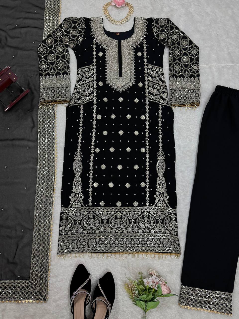 Black Elegant Faux Georgette Thread & Sequin Embroidered Suit Set