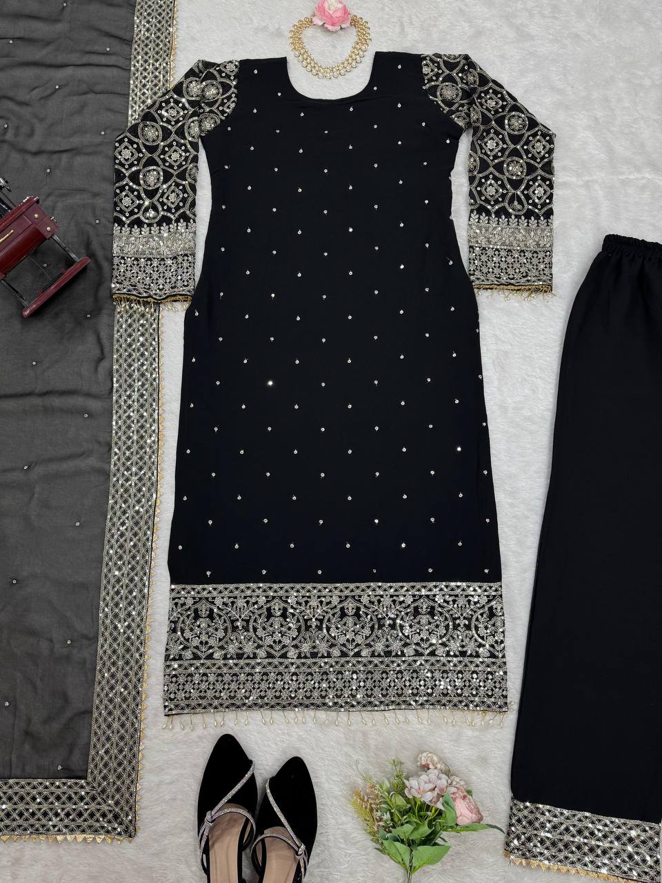 Black Elegant Faux Georgette Thread & Sequin Embroidered Suit Set