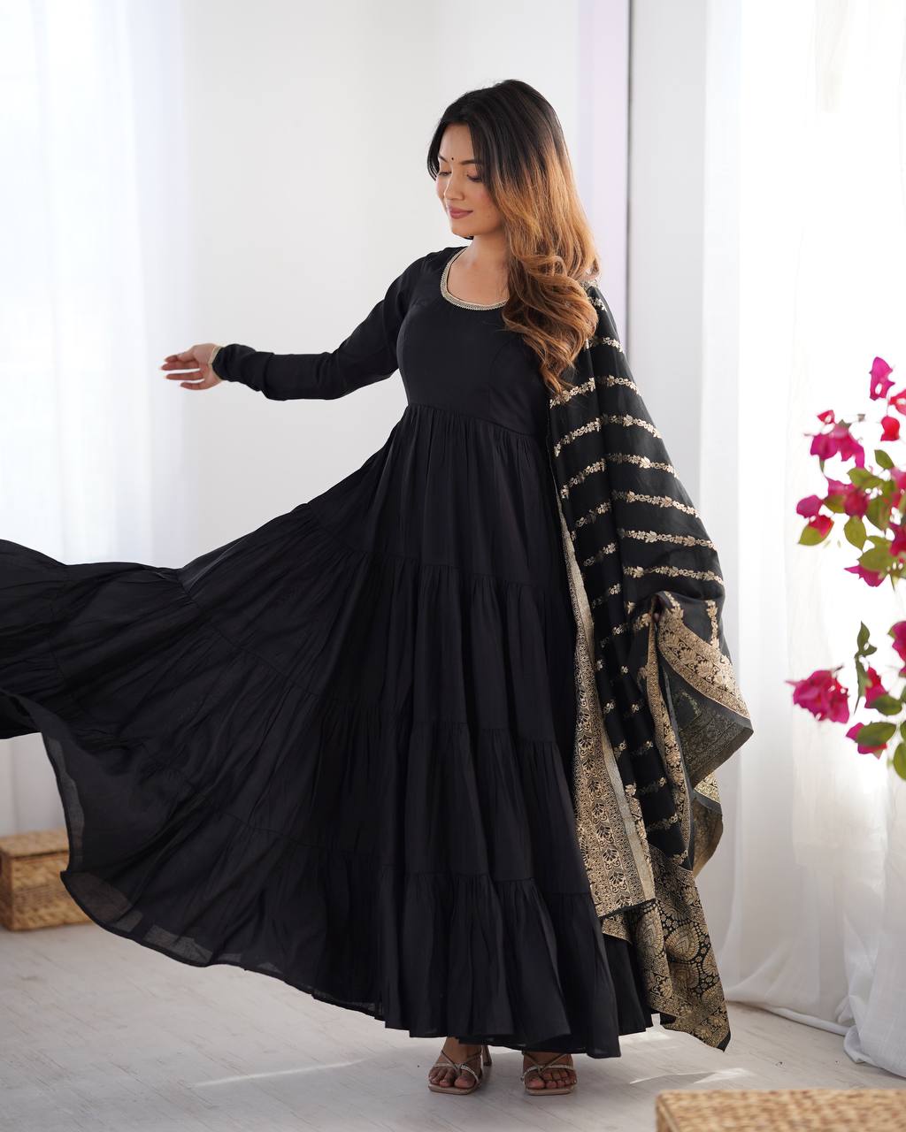 Black Elegant Festive Pure Romansilk Chanderi Anarkali Suit with Banarasi Dupatta
