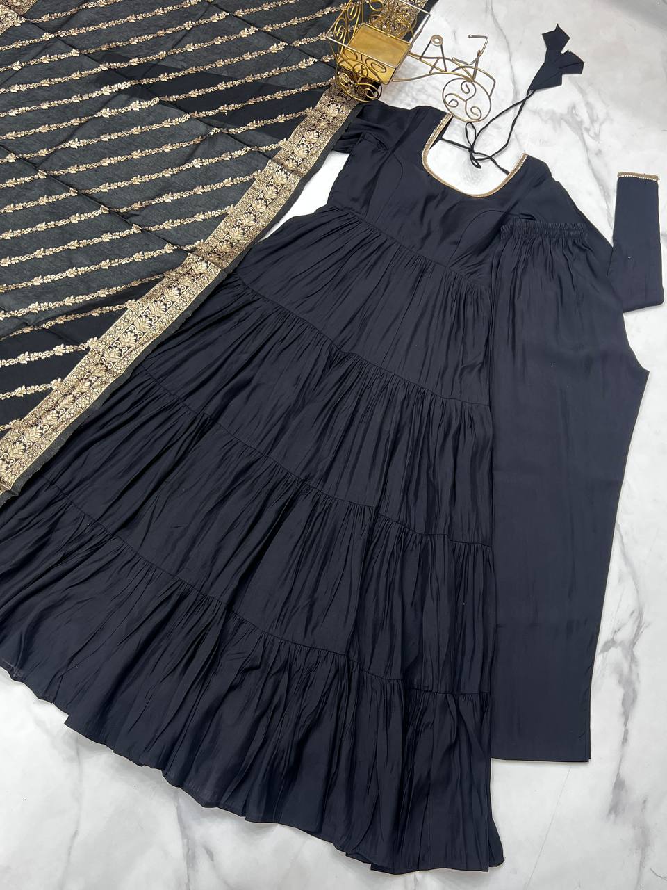 Black Elegant Festive Pure Romansilk Chanderi Anarkali Suit with Banarasi Dupatta