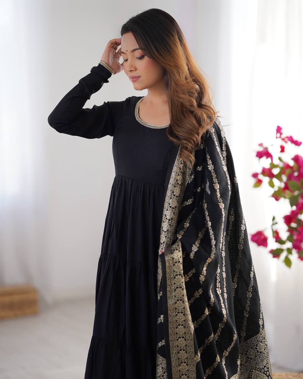 Black Elegant Festive Pure Romansilk Chanderi Anarkali Suit with Banarasi Dupatta