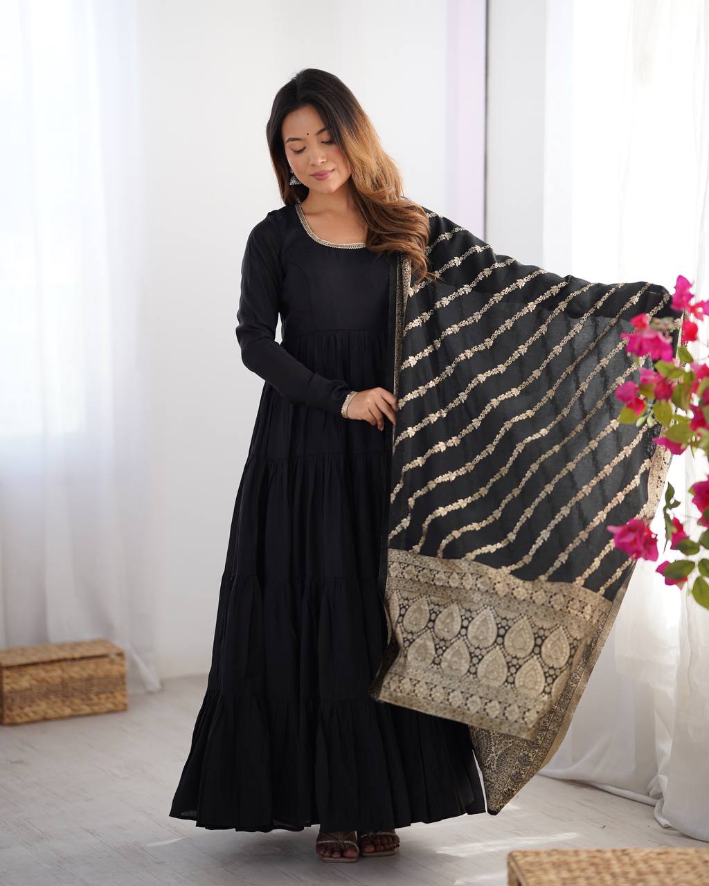 Black Elegant Festive Pure Romansilk Chanderi Anarkali Suit with Banarasi Dupatta