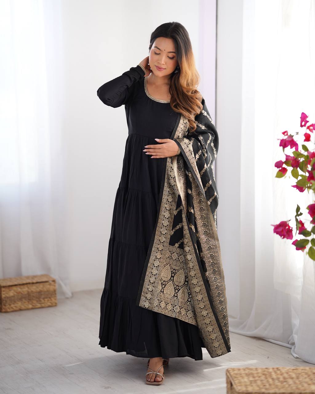 Black Elegant Festive Pure Romansilk Chanderi Anarkali Suit with Banarasi Dupatta