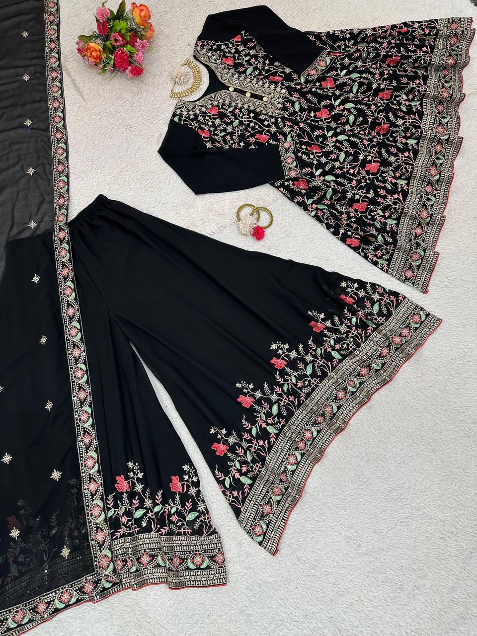 Black Elegant Fox Georgette Co-Ord Set with Sequin & Thread Work